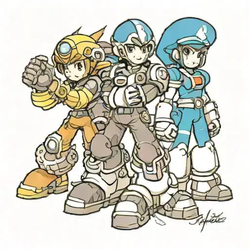 megaman, geno from super mario rpg, and vivi from final fnatasy 9 standing side by side tattoo design idea