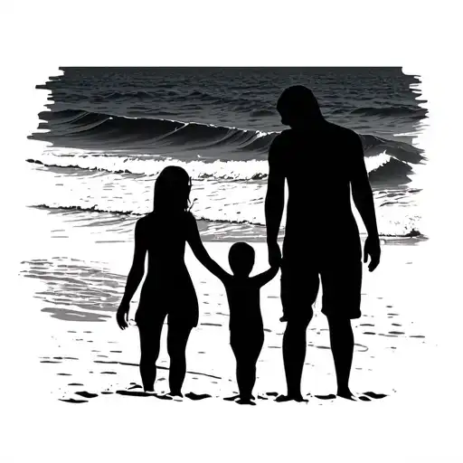 family silhoutte mom dad son on beach scene tattoo design idea