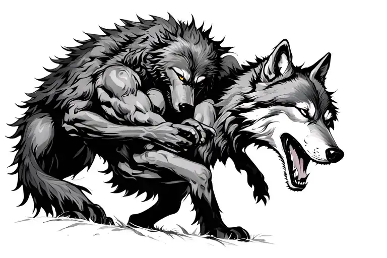 wolf fighting dullahan in forest scene tattoo design idea