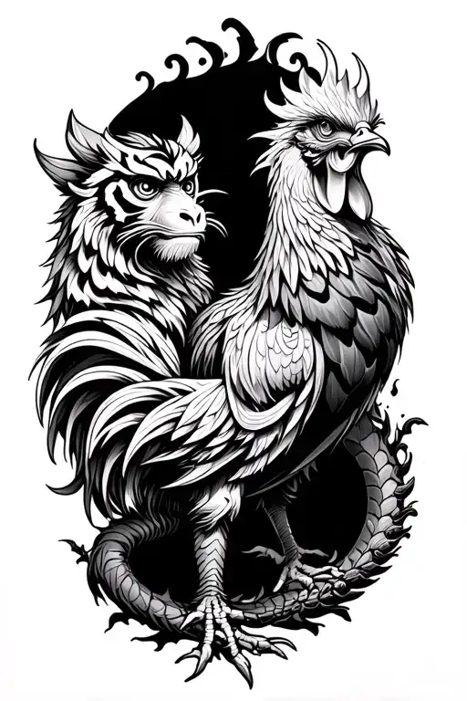 water monkey, earth tiger, metal dragon, wood rooster tattoo design idea