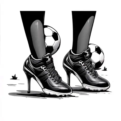 Two legs one with football shoes and the other with women's heels and a soccer ball tattoo design idea