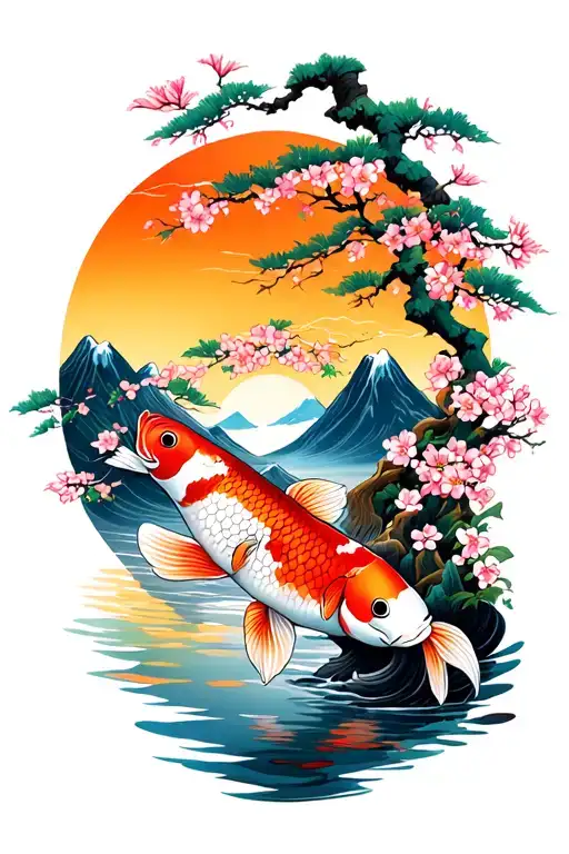 Japanese Style Mountain cherry blossom trees sunset koi fish tattoo design idea