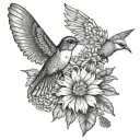 daises, carnations, asters, a hummingbird, bee, butterfly, and cardinal tattoo design idea