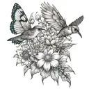 daises, carnations, asters, a hummingbird, bee, butterfly, and cardinal tattoo design idea
