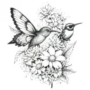 daises, carnations, asters, a hummingbird, bee, butterfly, and cardinal tattoo design idea