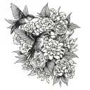 daises, carnations, asters, a hummingbird, bee, butterfly, and cardinal tattoo design idea