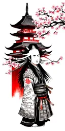 samurai, pagoda and cherry blossom tree tattoo design idea