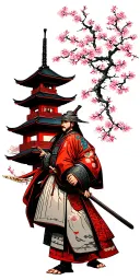 samurai, pagoda and cherry blossom tree tattoo design idea