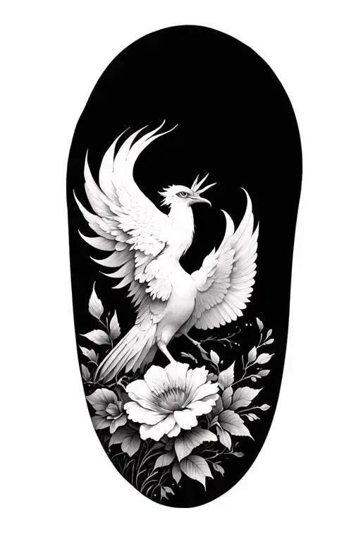 fine line flowers and phoenix emerging tattoo design idea