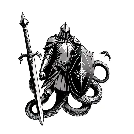 Standing Knight, sword, shield surrounded by snakes tattoo design idea