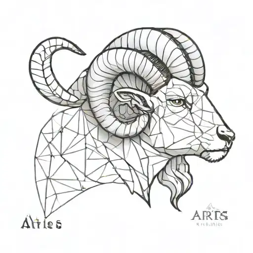 Aries head forward facing left side realistic style and right side geometric style tattoo design idea