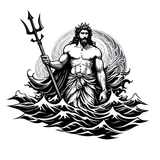poseidon god holding trident surrounded by water waves tattoo design idea