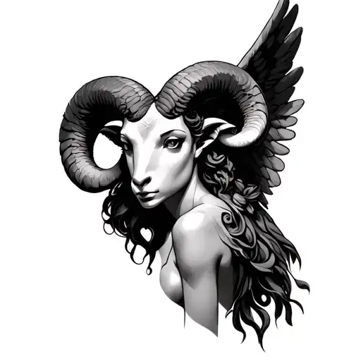 Aries ram black and white female angel tattoo design idea