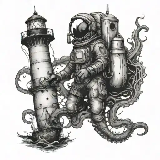 astronaut, diver, lighthouse, sunken ship, octopus tattoo design idea