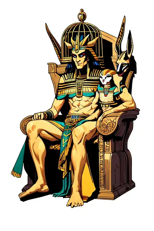 exodia the forbiden sitting on a throne, holding osiris and anubis in a cage tattoo design idea