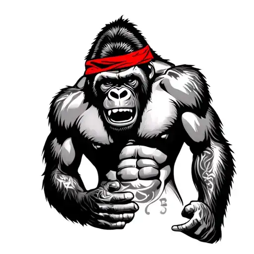 gorilla pounding on chest red bandana around forehead grillz in mouth with tattoos tattoo design idea
