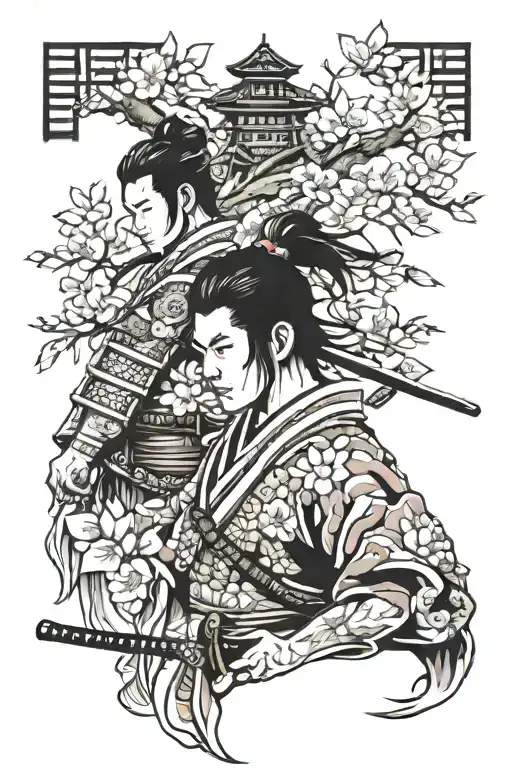 samurai warrior and girl with sakura tree tattoo design idea