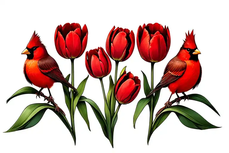 6 red tulips with two small cardinals tattoo design idea