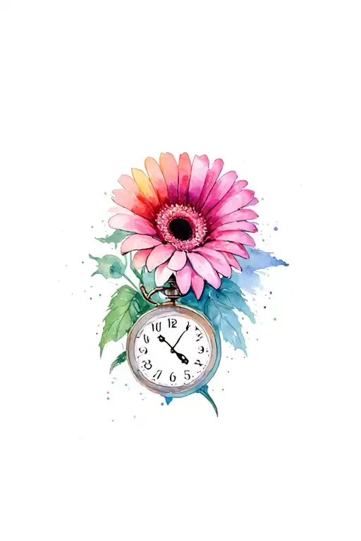gerbera and clock tattoo design idea