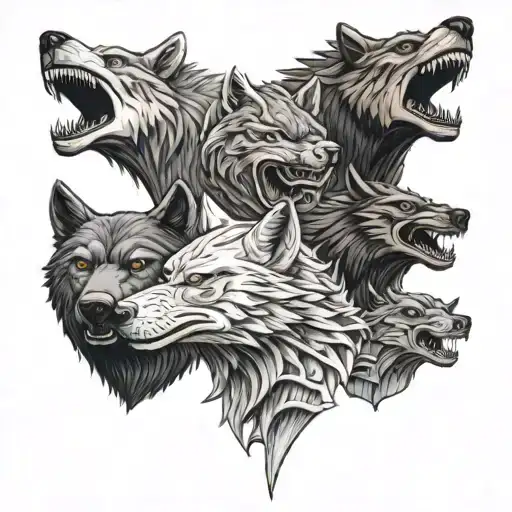 A evil realistic totem pole with the heads of a wolf, dragon, bear, shark with eachother tattoo design idea