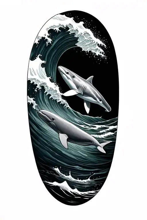 Tattoo of wave with shark and beluga whale swimming underneath water  tattoo design idea