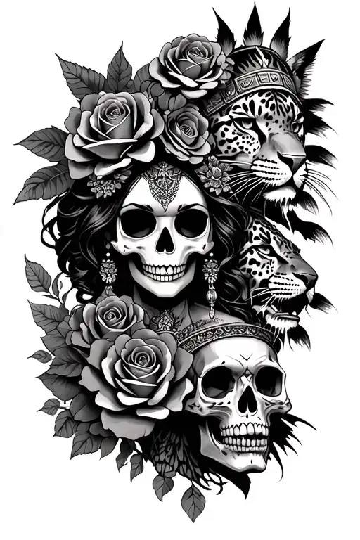 A La Catrina (elegant skull lady) with roses, an Aztec warrior holding a skull, and a jaguar emerging from the shadows.  tattoo design idea
