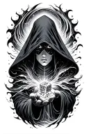 hooded figure with cosmos under hood emerging from swirling vortex rolling dice of fate with hand tattoo design idea