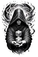 hooded figure with cosmos under hood emerging from swirling vortex rolling dice of fate with hand tattoo design idea