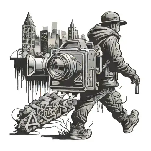 A black-grey tattoo of a mysterious figure with a camera walking through a dark urban landscape filled with graffiti-covered walls tattoo design idea