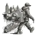 A black-grey tattoo of a mysterious figure with a camera walking through a dark urban landscape filled with graffiti-covered walls tattoo design idea