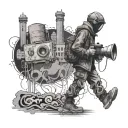 A black-grey tattoo of a mysterious figure with a camera walking through a dark urban landscape filled with graffiti-covered walls tattoo design idea