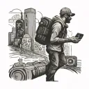 A black-grey tattoo of a mysterious figure with a camera walking through a dark urban landscape filled with graffiti-covered walls tattoo design idea