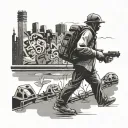 A black-grey tattoo of a mysterious figure with a camera walking through a dark urban landscape filled with graffiti-covered walls tattoo design idea