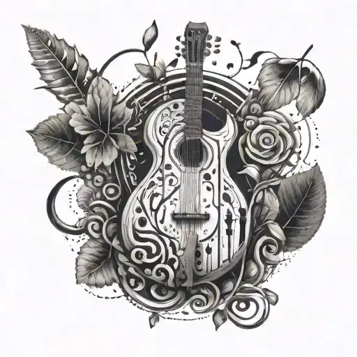 An abstract tattoo design incorporating musical instruments and elements of nature, representing the client's love for both music and the outdoors tattoo design idea