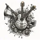 An abstract tattoo design incorporating musical instruments and elements of nature, representing the client's love for both music and the outdoors tattoo design idea