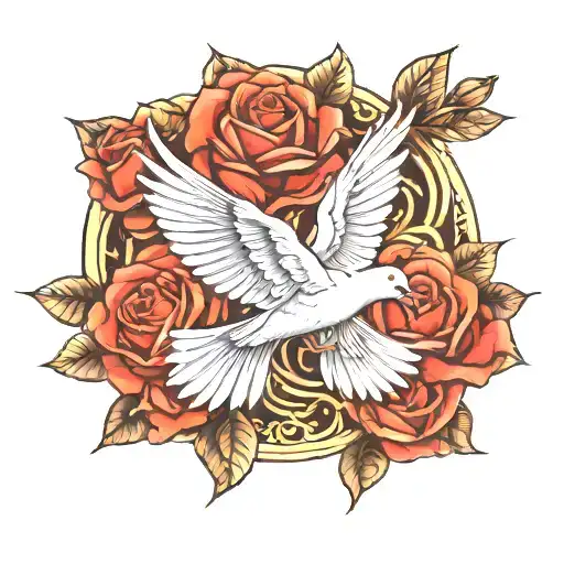 dove with 3 roses intertwined tattoo design idea