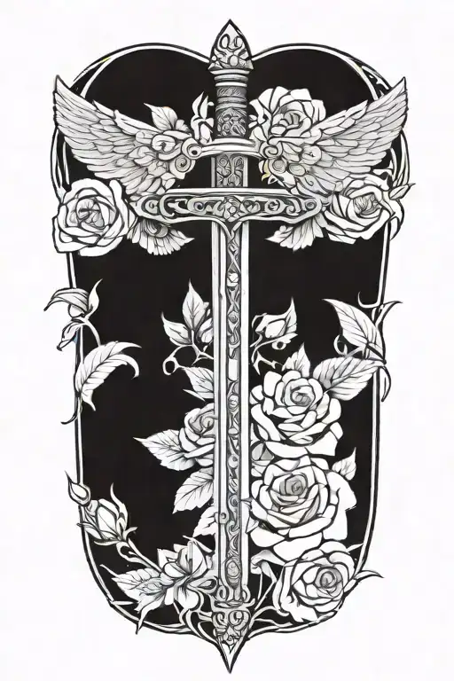 angel wings behind sword, roses tattoo design idea