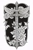 angel wings behind sword, roses tattoo design idea