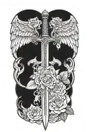angel wings behind sword, roses tattoo design idea