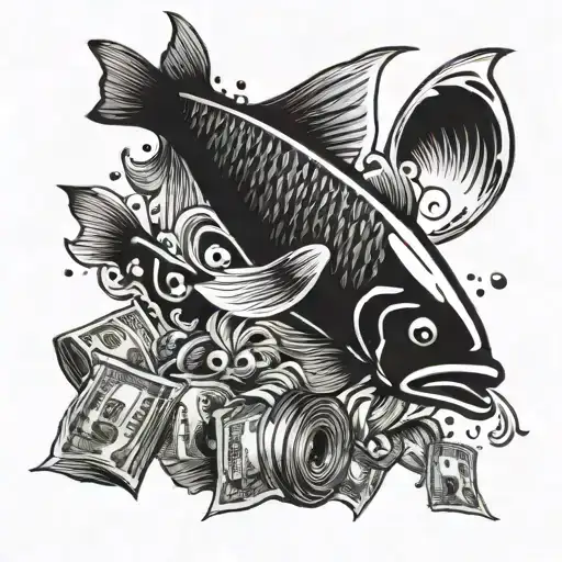 A Pisces fish jumping out of a pile of money tattoo design idea