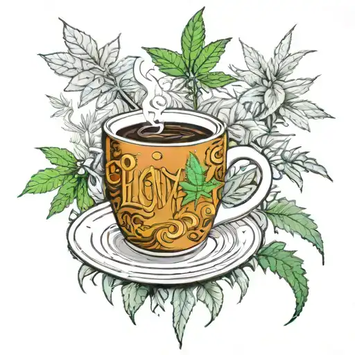 A forest scene with a coffee cup and cannabis plant intertwined, with the word 'LOVE' incorporated in the design tattoo design idea