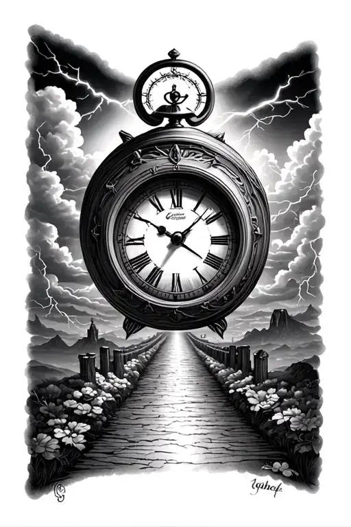 forearm sleeve,clock combined with an eye inside, pathway leading to the sky with clouds and thunder tattoo design idea