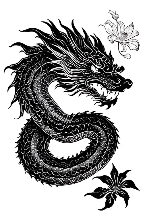 Chinese dragon, same position as the snake in former flag of Martinique. Its tail must be a French imperial lily. tattoo design idea