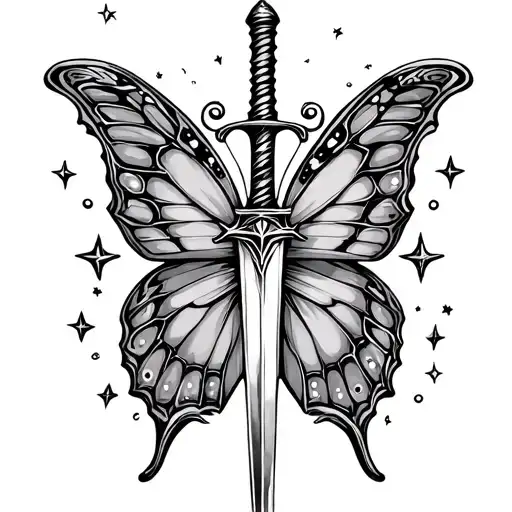 fairy tale butterfly with sword in the middle with stars surrounding it tattoo design idea