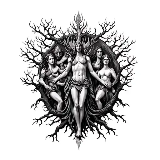 Odin, Thor, tyr, balder, Frej, freja goddess with body around Yggdrasil while Odin hang i the tree tattoo design idea