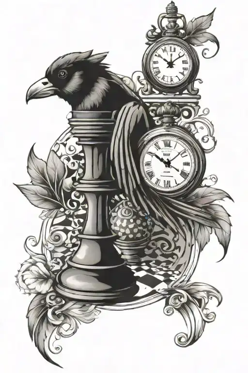 chess board with pocket watch and cardinal bird tattoo design idea