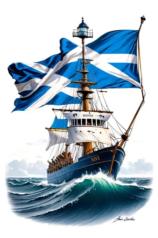 Scottish flag and Nova Scotia flag on ship with light house and rough waves tattoo design idea
