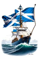 Scottish flag and Nova Scotia flag on ship with light house and rough waves tattoo design idea