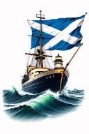 Scottish flag and Nova Scotia flag on ship with light house and rough waves tattoo design idea