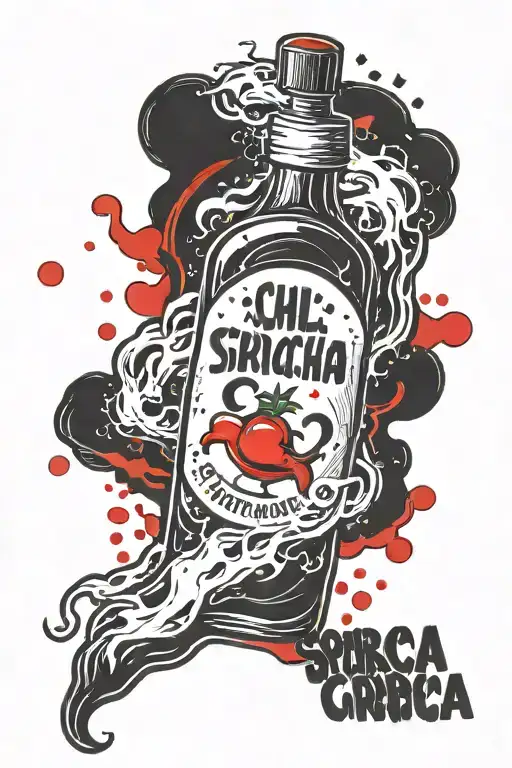A bottle of sriracha chili sauce in black and white with red drops tattoo design idea